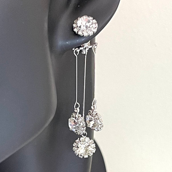 NEW Earrings Front Back Clear Rhinestone Dangle Silver tone Jewelry JU11 - Picture 1 of 3